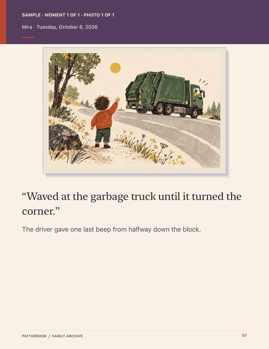 The exported page preserves the same garbage-truck memory, illustration, date and context.